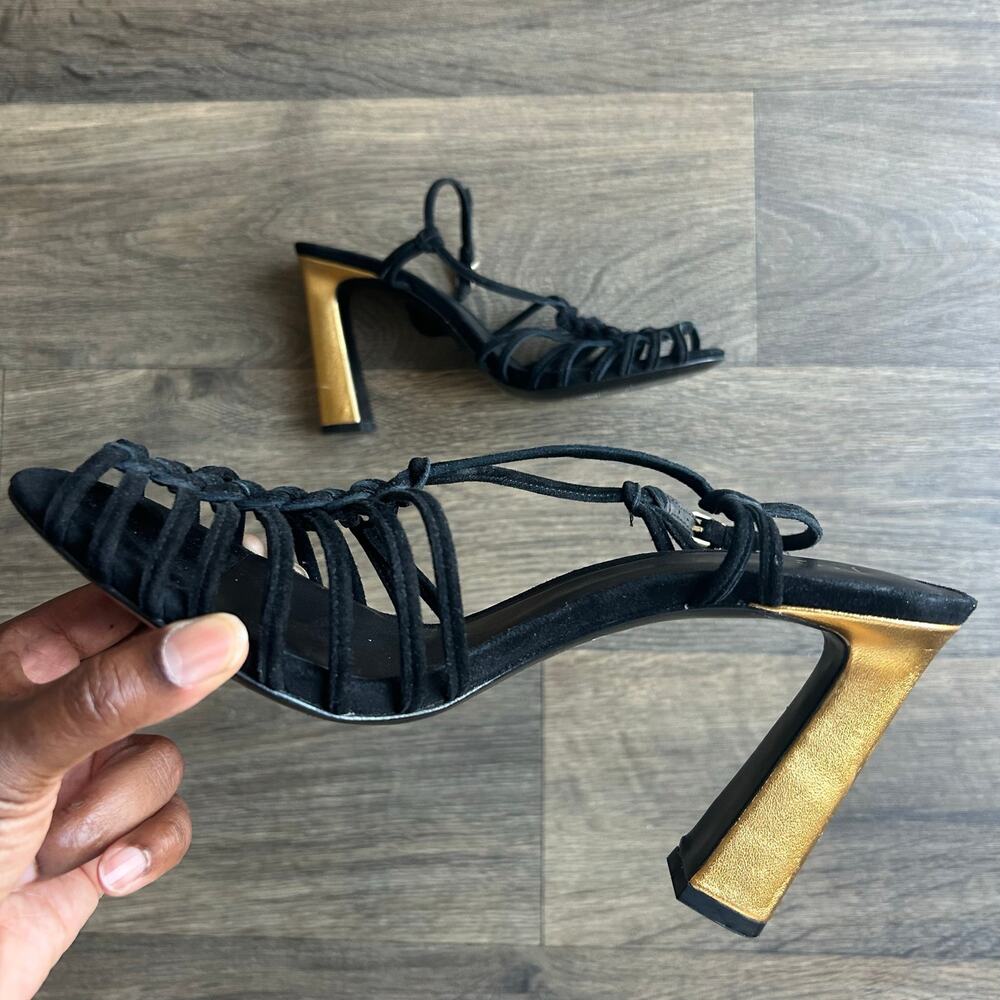 Joie Odetta Black Suede Golden Heel Sandals Size 9